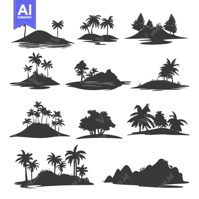 Popular premium asset: Collection of Silhouette Islands with Palm Trees and Other Trees