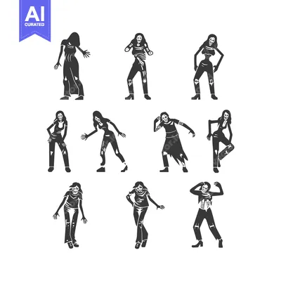 Aset desain premium: Collection of Silhouettes Depicting Female Zombies in Various Poses
