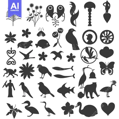 Aset premium populer: Collection of Silhouettes Featuring Plants, Birds, and Other Natural E