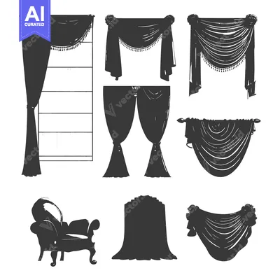 Aset desain premium: Collection of Silhouettes of Curtains, Draperies, and a Chair