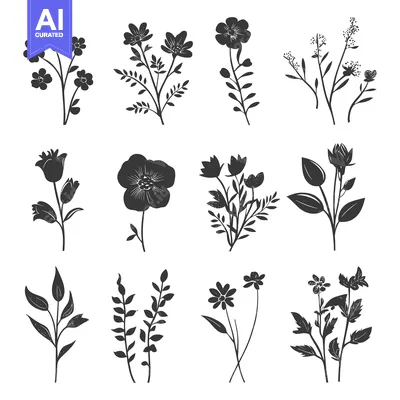 Aset premium populer: Collection of Silhouettes of Different Flowers and Foliage