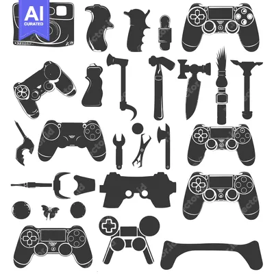 Aset desain premium: Collection of Silhouettes of Everyday Objects and Video Game Controlle