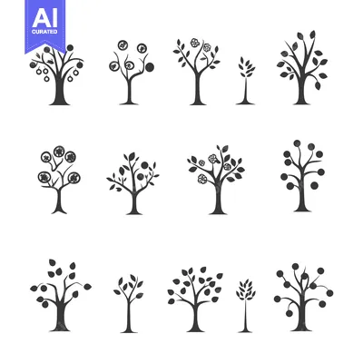 Premium design asset: Collection of Silhouettes of Fruit Trees with Different Shapes and Siz