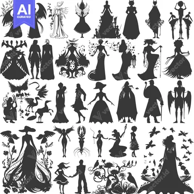 Aset desain premium: Collection of Silhouettes of People, Animals, and Fantasy Creatures