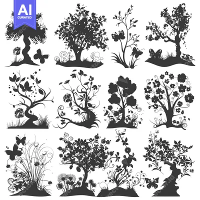 Premium design asset: Collection of Silhouettes of Trees, Flowers, and Butterflies
