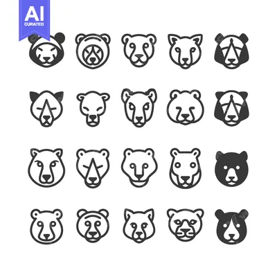 Aset desain premium: Collection of Simple Animal Face Icons in Black and White