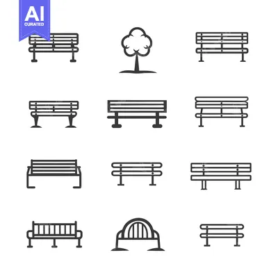 Collection of Simple Bench Line Icons with a Single Tree