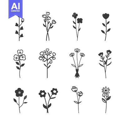 Aset desain premium: Collection of Simple Black and White Flower Illustrations