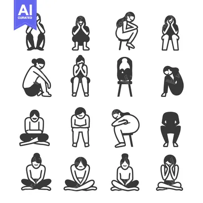 Aset desain premium: Collection of Simple Black and White Illustrations Depicting Sitting W