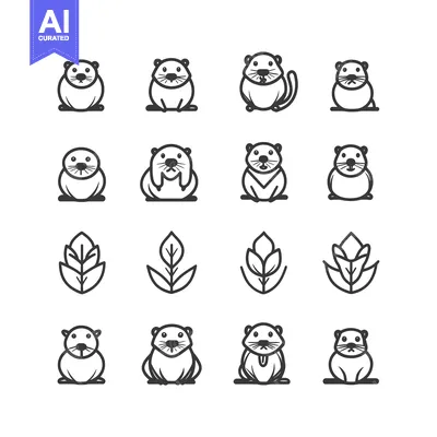 Aset desain premium: Collection of Simple Black and White Line Drawings of Capybaras and Le