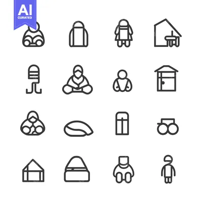Premium design asset: Collection of Simple Line Art Icons Depicting People, Houses, and Obje