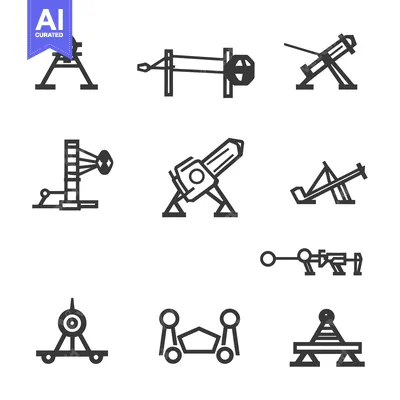 Aset desain premium: Collection of Simple Medieval Siege Weapons Line Icons
