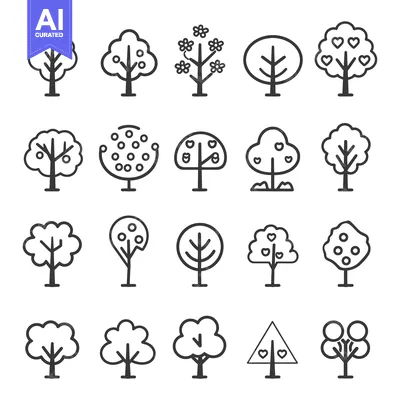 Aset desain premium: Collection of Simple Tree Icons with Different Shapes and Fruits