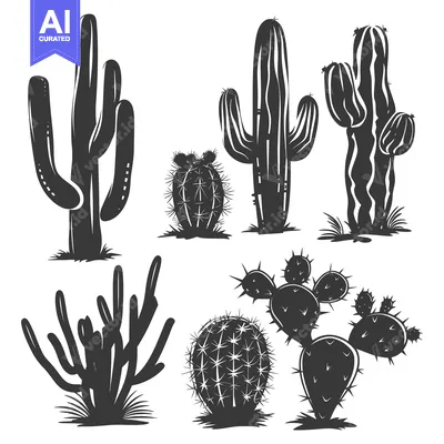 Aset premium populer: Collection of Six Black and White Cactus Silhouettes