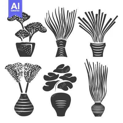 Premium design asset: Collection of Six Black and White Silhouette Houseplants