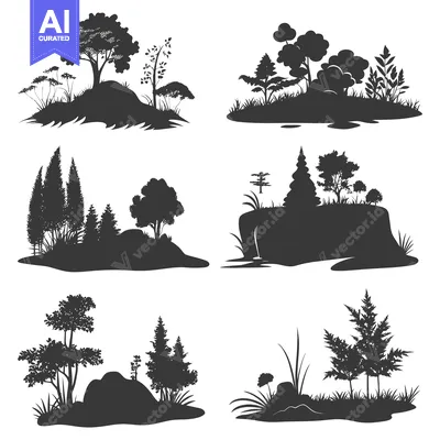 Premium design asset: Collection of Six Silhouettes of Various Trees and Landscapes