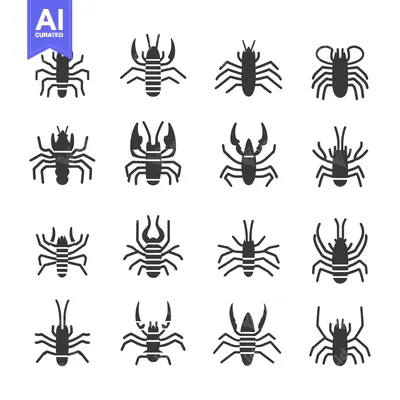 Aset desain premium: Collection of Sixteen Black and White Crayfish Illustrations