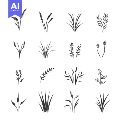 Aset desain premium: Collection of Sixteen Black and White Grass and Leaf Silhouettes