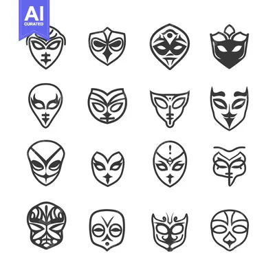 Aset desain premium: Collection of Sixteen Unique Masks with Intricate Designs