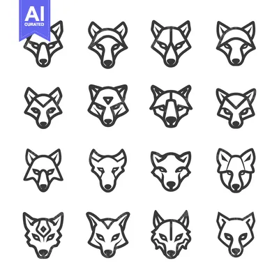 Aset desain premium: Collection of Sixteen Unique Wolf Head Line Drawings