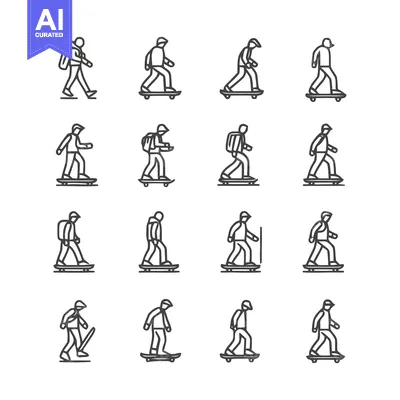 Aset premium populer: Skateboarders in Various Poses - A Collection of Line Art Illustration
