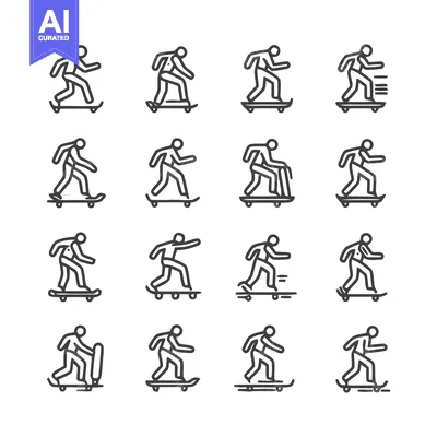 Aset desain premium: Skateboarder Icon Set - Action Poses and Tricks.