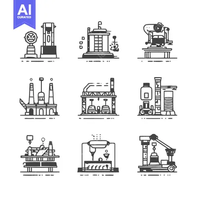 Aset desain premium: Industrial Icons - Factories, Plants, and Manufacturing Equipment.