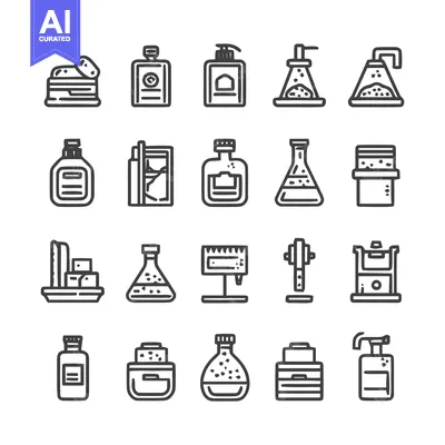 Aset desain premium: Collection of various laboratory and cosmetic containers.