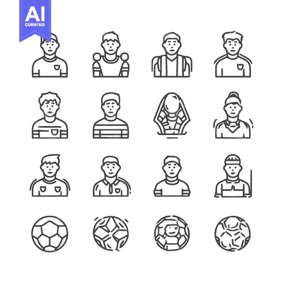 Aset desain premium: Soccer Players and Balls - A Collection of Line Art Icons.