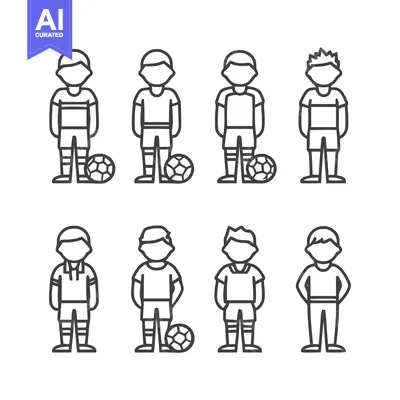 Aset premium populer: Soccer Players in Uniforms with Soccer Balls - Line Art Illustration.