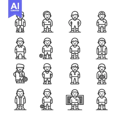 Soccer Players Icon Set - Diverse Line Art Illustrations.