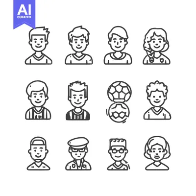 Aset desain premium: Line Art Portraits of Diverse People and Sports Icons.