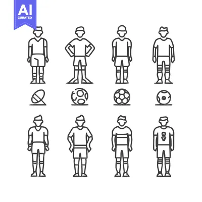 Aset desain premium: Soccer Players and Balls - Minimalist Line Art Illustration.