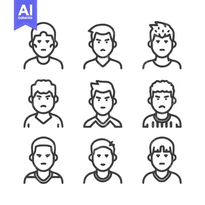 Aset premium populer: Nine angry male faces, line art, vector illustration, simple design.