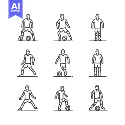 Aset desain premium: Soccer Players in Action - A Collection of Line Art Illustrations.