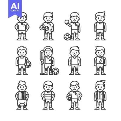 Aset premium populer: Soccer players in various poses and uniforms, vector illustration.
