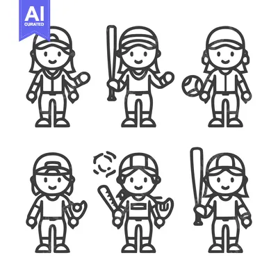 Premium design asset: Line art illustrations of softball players in various poses.