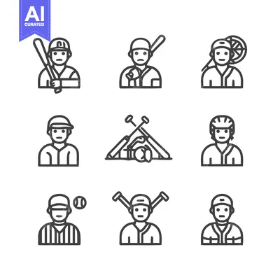 Aset desain premium: Baseball Icons - Collection of Sports-Themed Line Art.