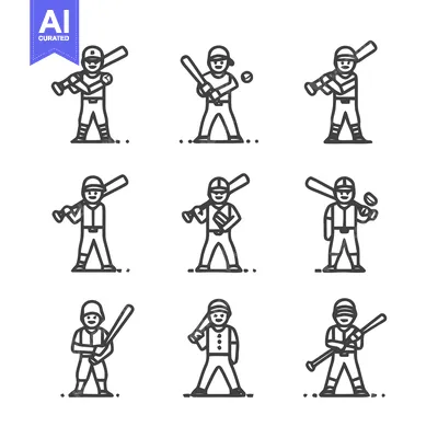 Aset desain premium: Baseball Players in Action - Line Art Illustrations.