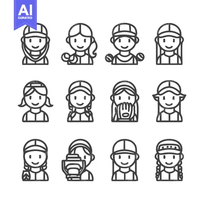 Aset desain premium: Collection of baseball players icons in simple line art style.