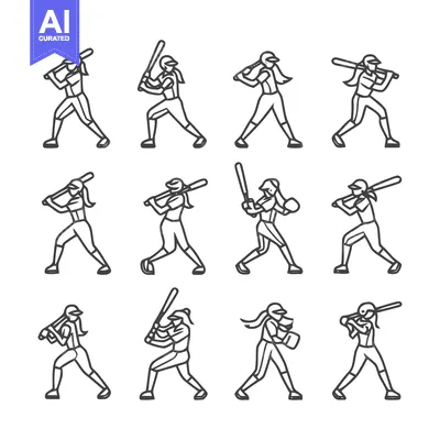 Softball Players in Action - A Collection of Line Art Illustrations.