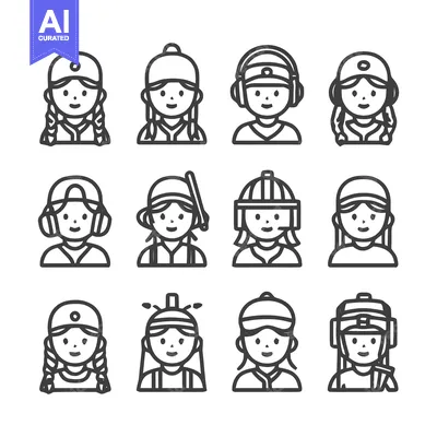 Aset desain premium: Diverse Line Art Portraits of Women in Sports and Activities.