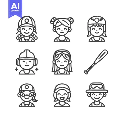 Aset premium populer: Collection of Cute Cartoon Baseball Players and Bat.