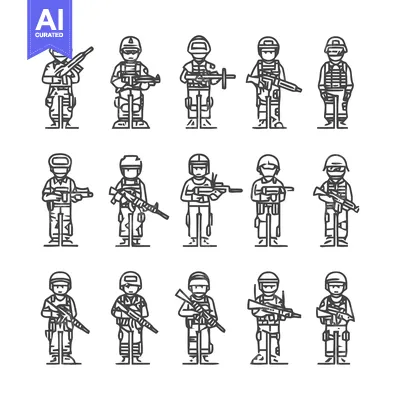 Soldiers in Uniform with Weapons - A Detailed Line Art Illustration.