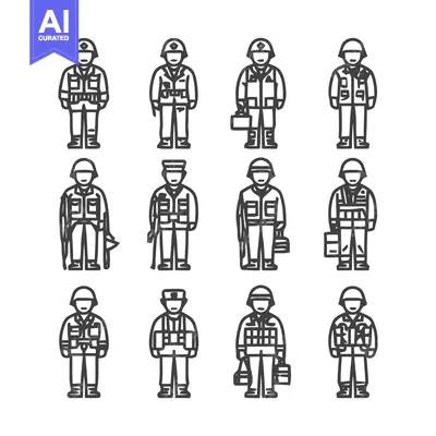 Aset premium populer: Soldier Icons - Uniformed Figures in Various Poses and Gear.