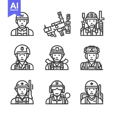 Aset desain premium: Soldiers in Uniform - A Collection of Military Personnel Icons.
