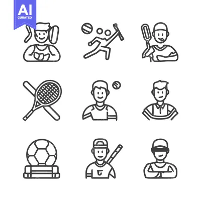 Aset desain premium: Sports Icons - Diverse Athletes in Action, Line Art Style.