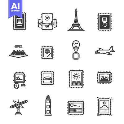 Aset desain premium: Collection of Stamp-like Icons Featuring Travel Destinations