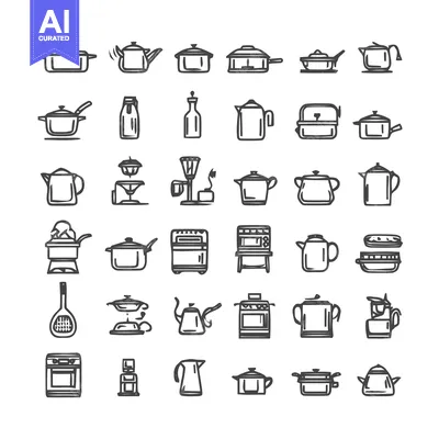 Premium design asset: Kitchen Utensils and Cookware - A Detailed Line Art Collection.