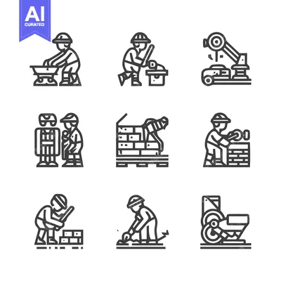 Premium design asset: Construction workers and robots building structures in various poses.